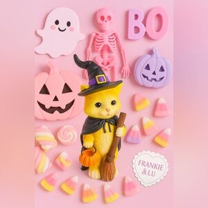 Pastel Halloween Witch Cat Figurine Trick or Treat Decor Broom Pumpkin NWT
